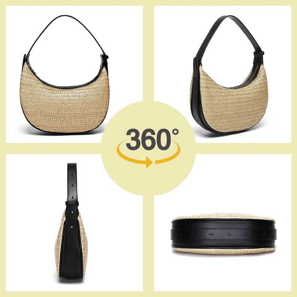 Women Black Herald Crescent Straw Bag Chic Summer Shoulder Purse - Picture 4 of 9
